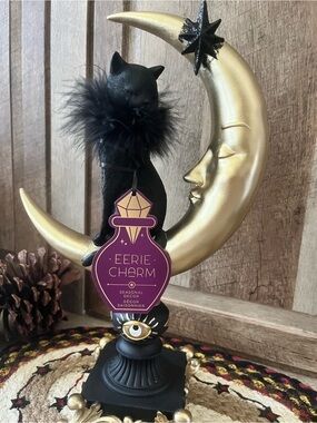 Beautiful Gothic Black Cat on Gold Crescent Moon Halloween Figurine 14”